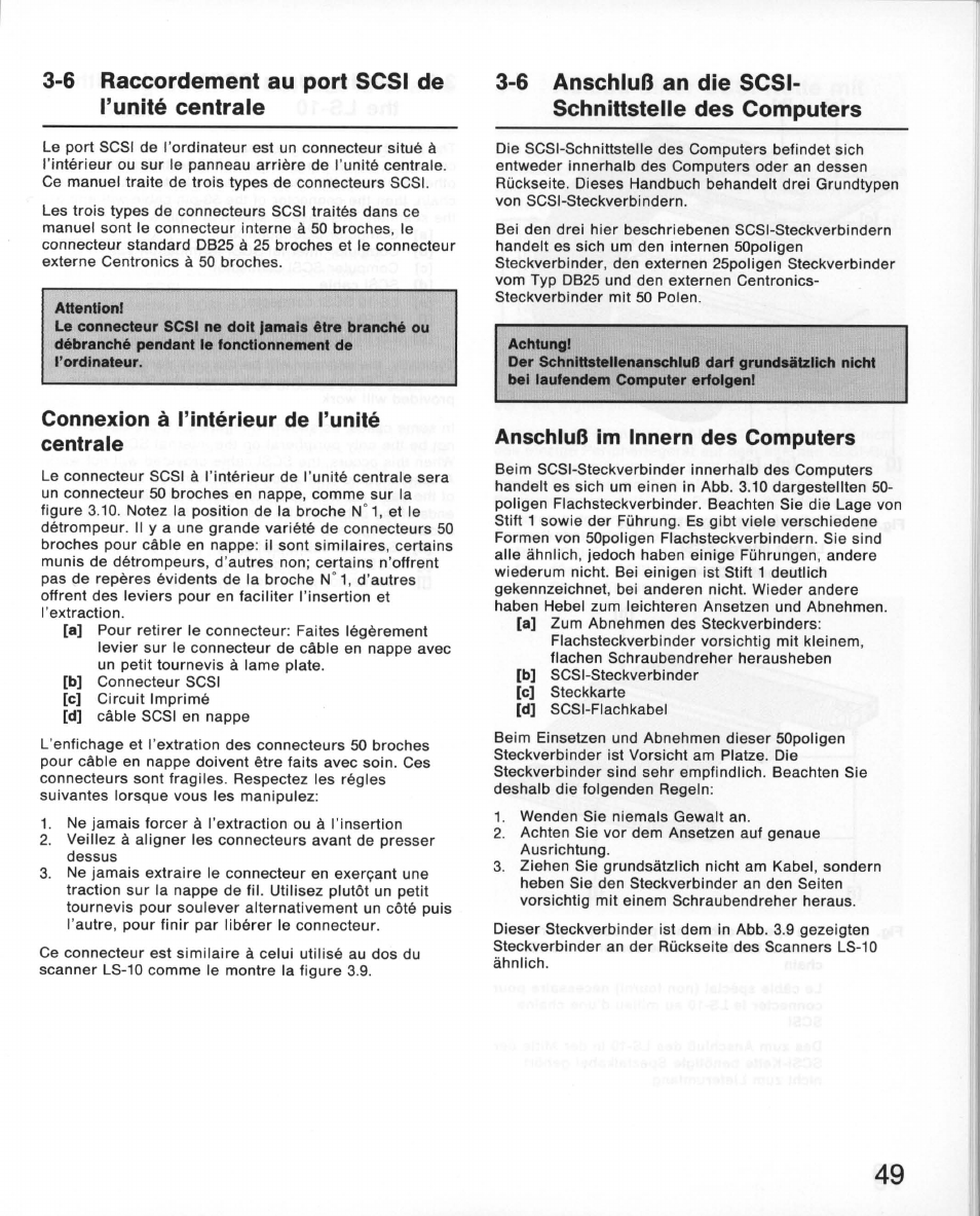 6 raccordement au port scsi de l’unité centrale, Connexion à i’intérieur de i’unité centrale, 6 anschluß an die scsi | Schnittstelle des computers, Anschluß im innern des computers | Nikon 35MM Film Scanner LS-10E User Manual | Page 49 / 82