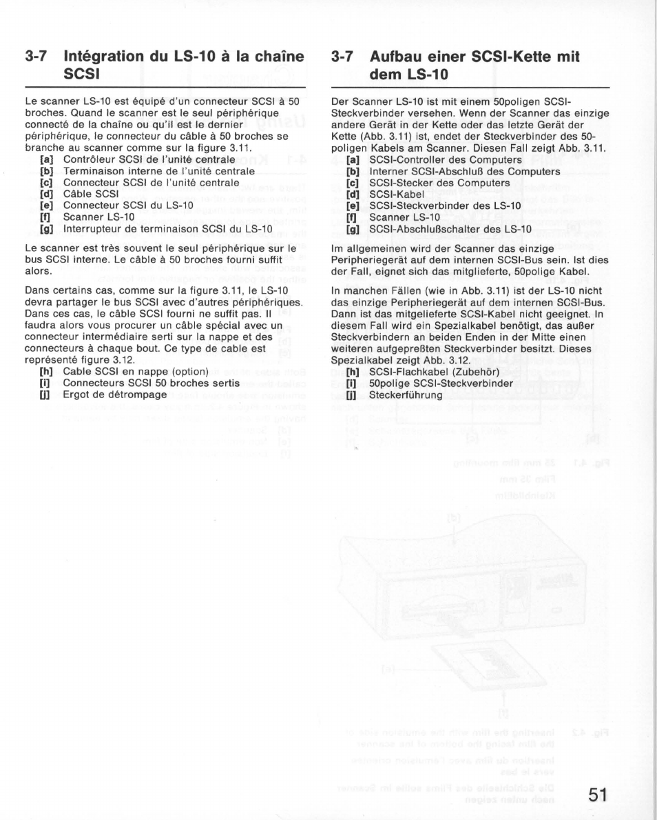7 intégration du ls-10 à la chaîne scsi, 7 aufbau einer scsi-kette mit dem ls-10, Intégration du ls-10 à la chaîne scsi | Aufbau einer scsi-kette mit dem ls-10 | Nikon 35MM Film Scanner LS-10E User Manual | Page 51 / 82
