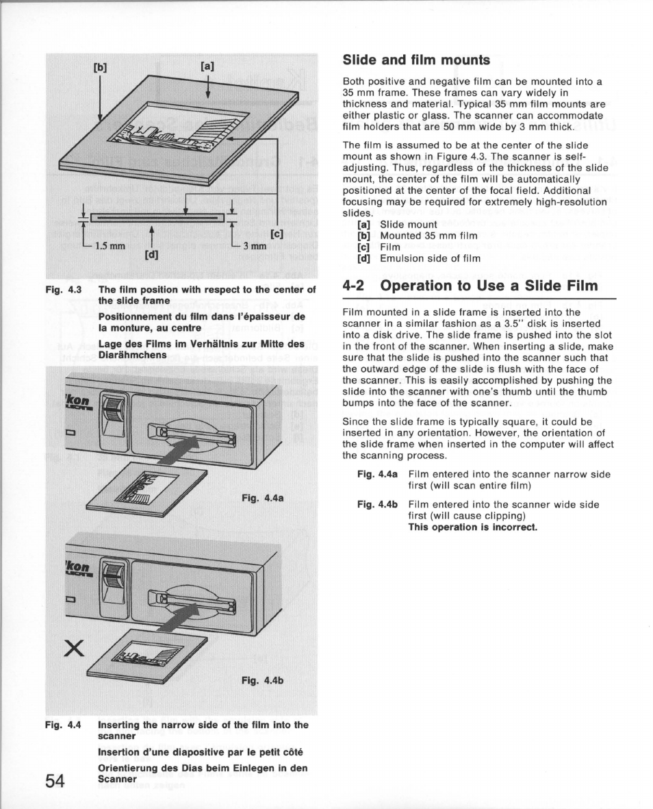 Slide and film mounts, 2 operation to use a slide film, Operation to use a slide film | Nikon 35MM Film Scanner LS-10E User Manual | Page 54 / 82