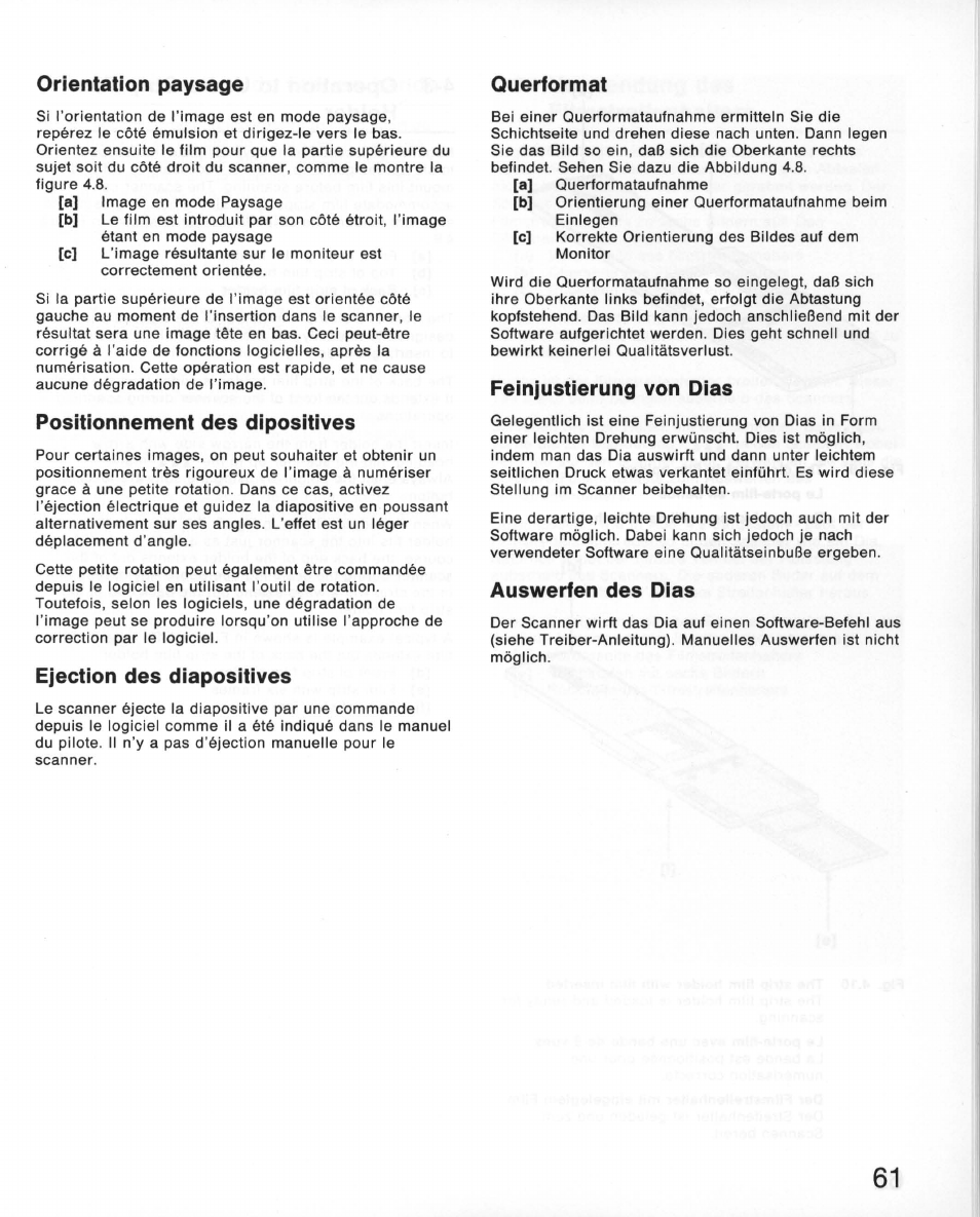 Positionnement des dipositives, Ejection des diapositives, Feinjustierung von dias | Auswerfen des dias, Orientation paysage querformat | Nikon 35MM Film Scanner LS-10E User Manual | Page 61 / 82