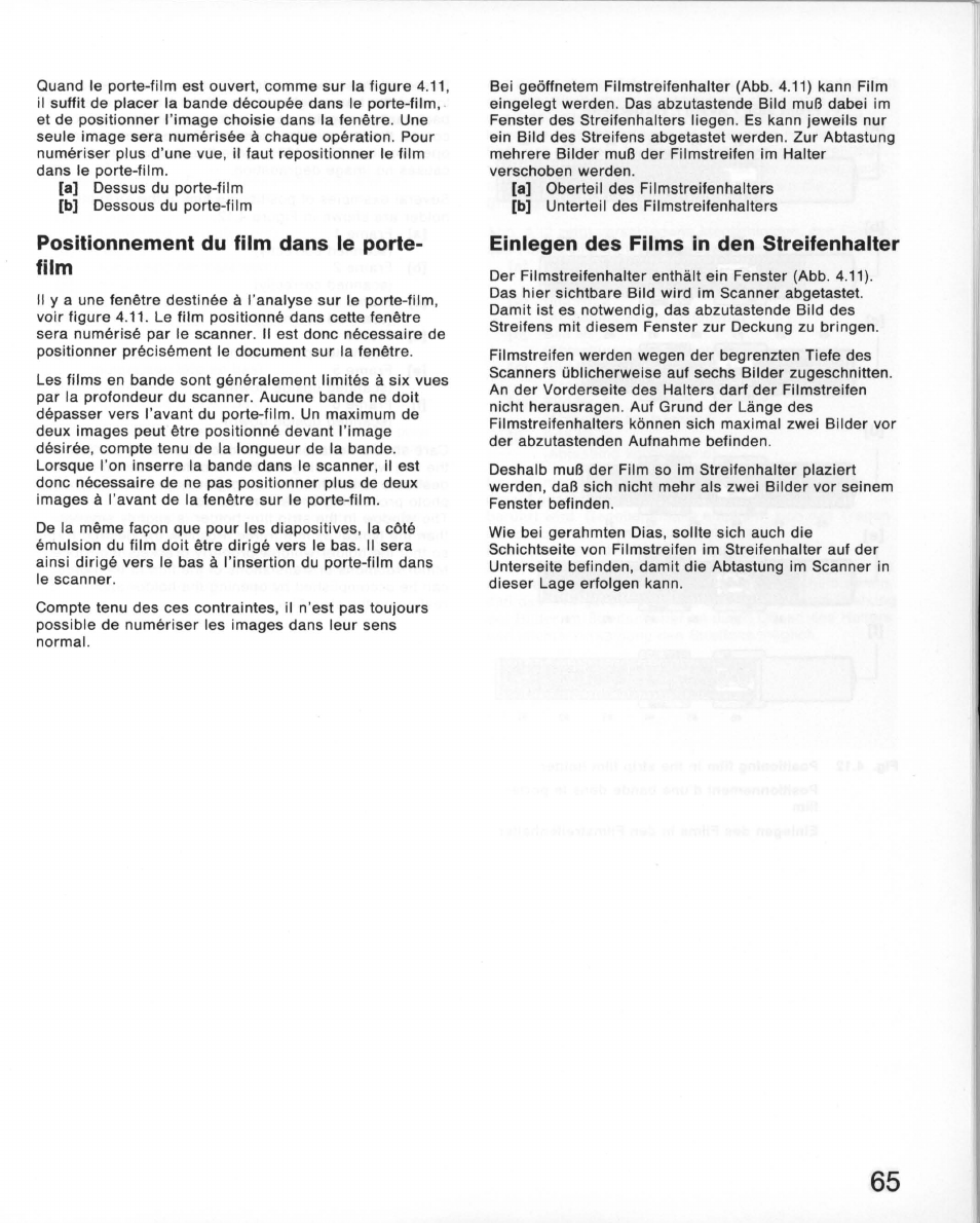 Positionnement du fiim dans ie portefilm, Einlegen des films in den streifenhalter, Positionnement du fiim dans ie porte­ film | Nikon 35MM Film Scanner LS-10E User Manual | Page 65 / 82