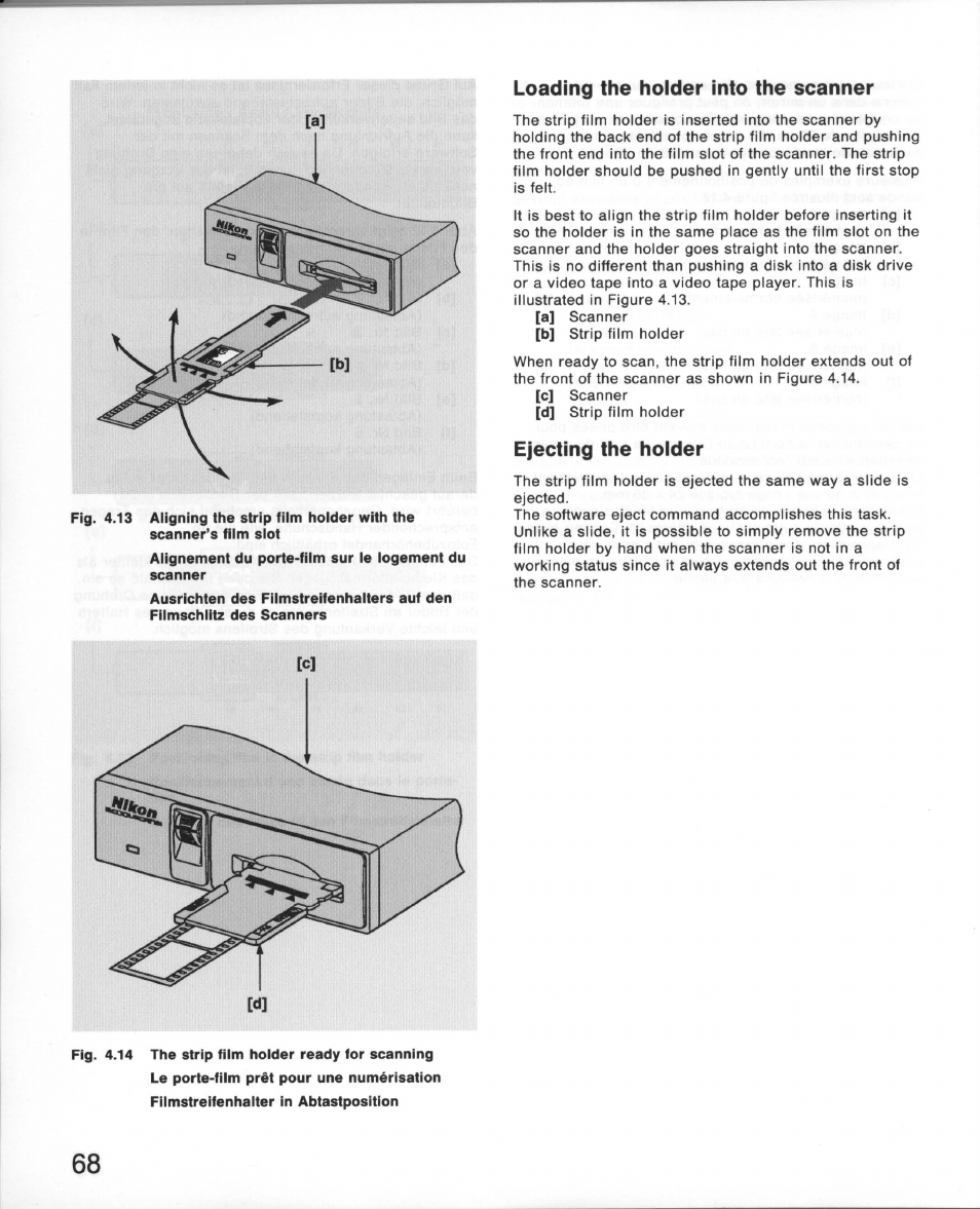 Loading the holder into the scanner, Ejecting the holder | Nikon 35MM Film Scanner LS-10E User Manual | Page 68 / 82