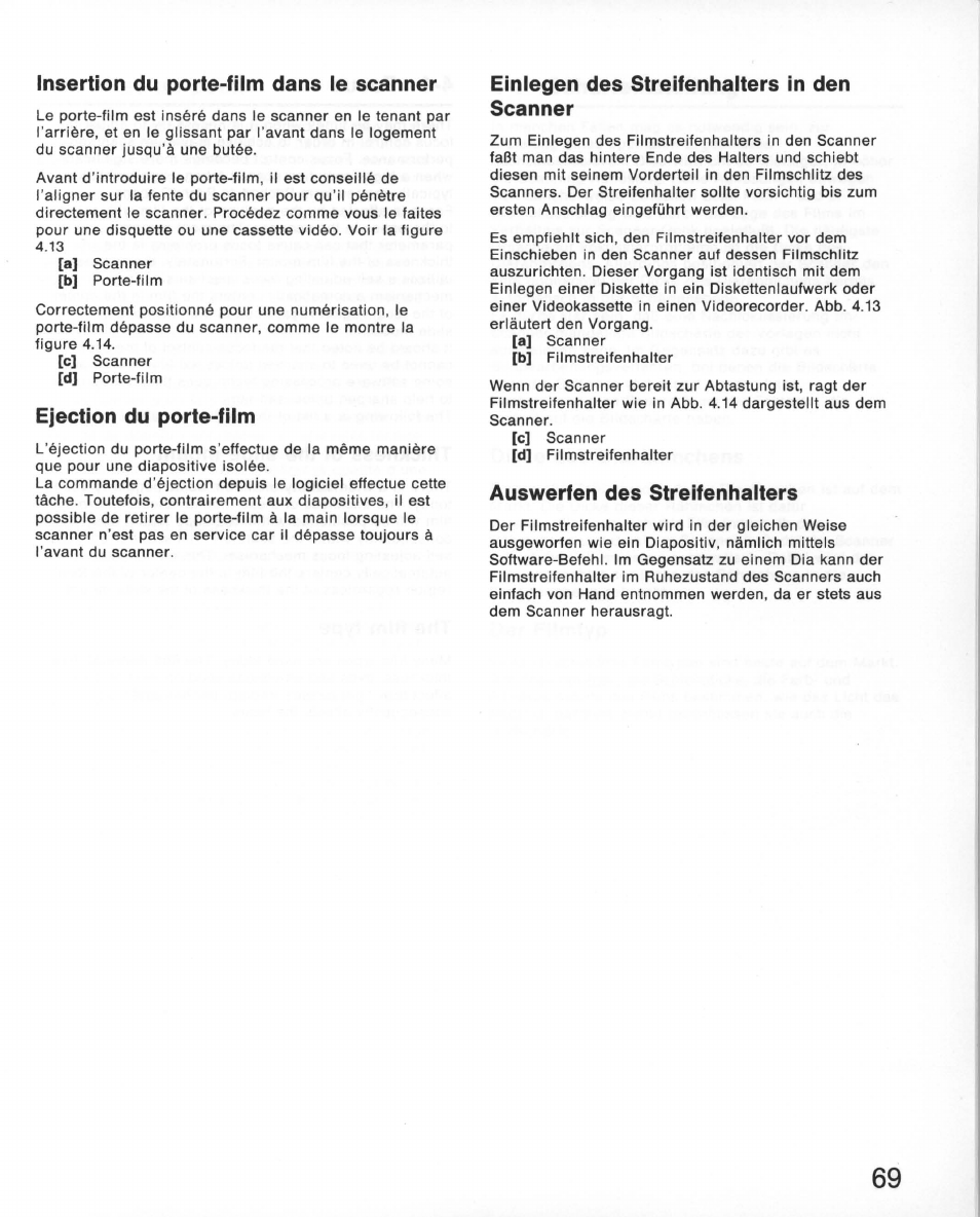 Insertion du porte-film dans le scanner, Ejection du porte-film, Einlegen des streifenhalters in den scanner | Auswerfen des streifenhalters | Nikon 35MM Film Scanner LS-10E User Manual | Page 69 / 82