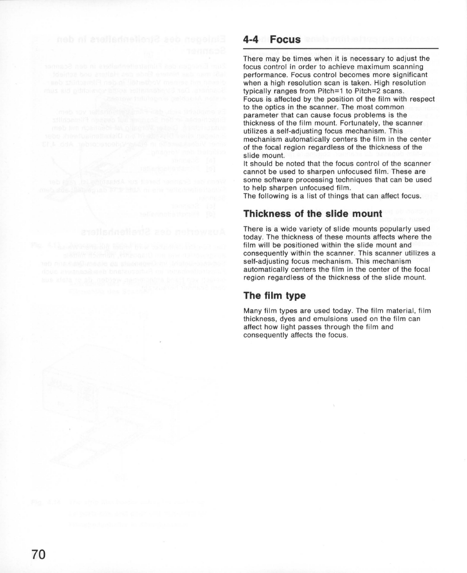 4 focus, Thickness of the slide mount, The film type | Focus | Nikon 35MM Film Scanner LS-10E User Manual | Page 70 / 82