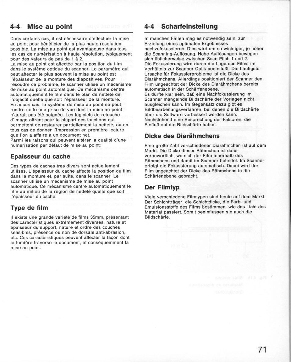 4 scharfeinsteiiung, Epaisseur du cache, Type de film | Dicke des diarähmchens, Der fiimtyp, 4 scharfeinstellung, 4 mise au point 4-4 scharfeinsteiiung | Nikon 35MM Film Scanner LS-10E User Manual | Page 71 / 82