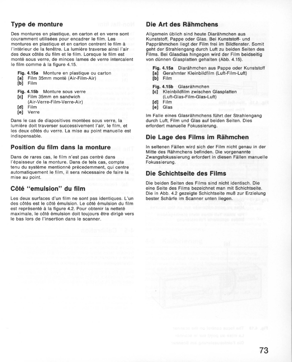 Type de monture, Position du film dans la monture, Côté “emulsion” du film | Die art des rähmchens, Die lage des films im rähmchen, Die schichtseite des films | Nikon 35MM Film Scanner LS-10E User Manual | Page 73 / 82