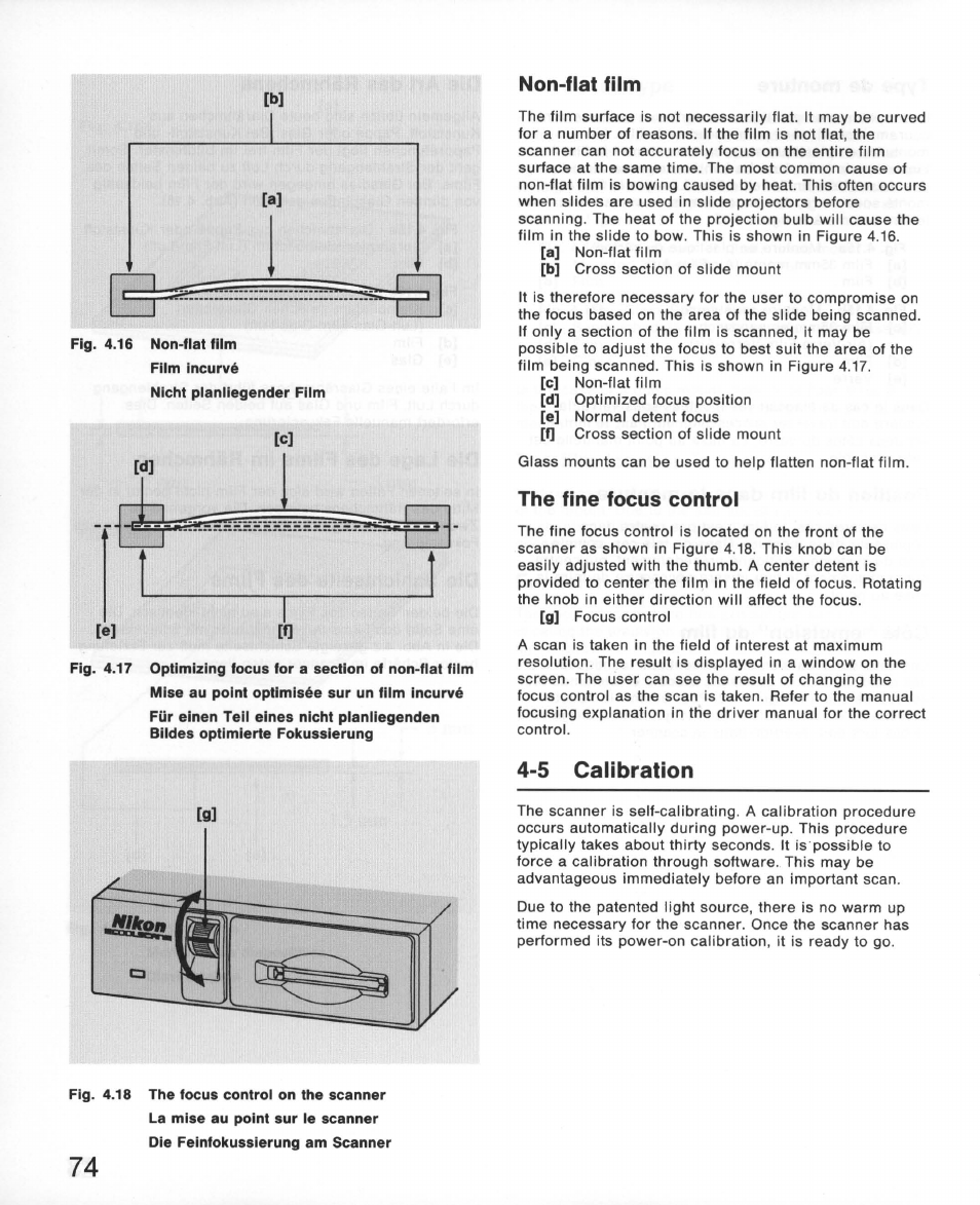 Non-flat film, The fine focus control, 5 calibration | Calibration | Nikon 35MM Film Scanner LS-10E User Manual | Page 74 / 82
