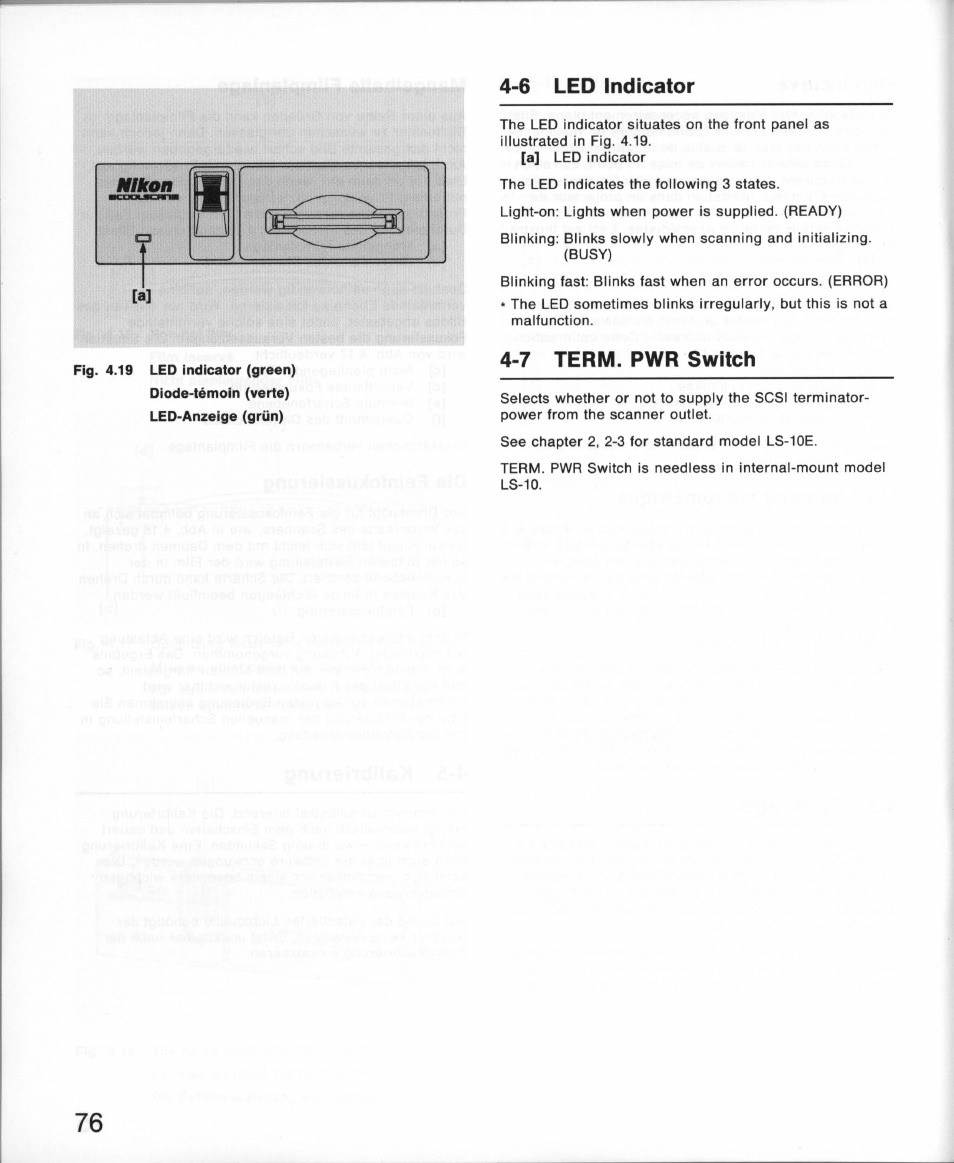 6 led indicator, 7 term. pwr switch, Led indicator | Term. pwr switch | Nikon 35MM Film Scanner LS-10E User Manual | Page 76 / 82
