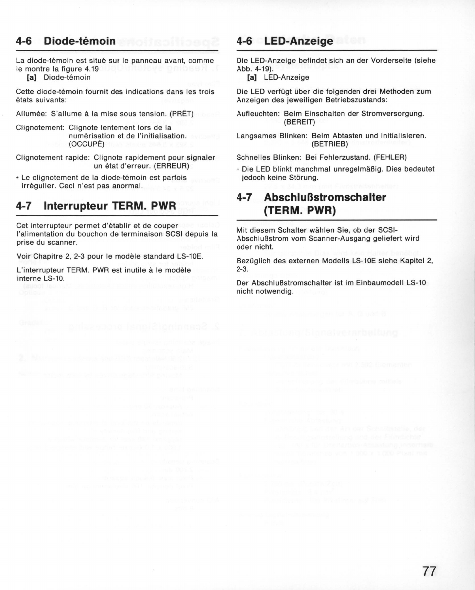 7 interrupteur term. pwr, 7 abschlußstromschalter (term. pwr), 7 abschlußstromschaiter (term. pwr) | 6 diode-témoin 4-6 led-anzeige | Nikon 35MM Film Scanner LS-10E User Manual | Page 77 / 82