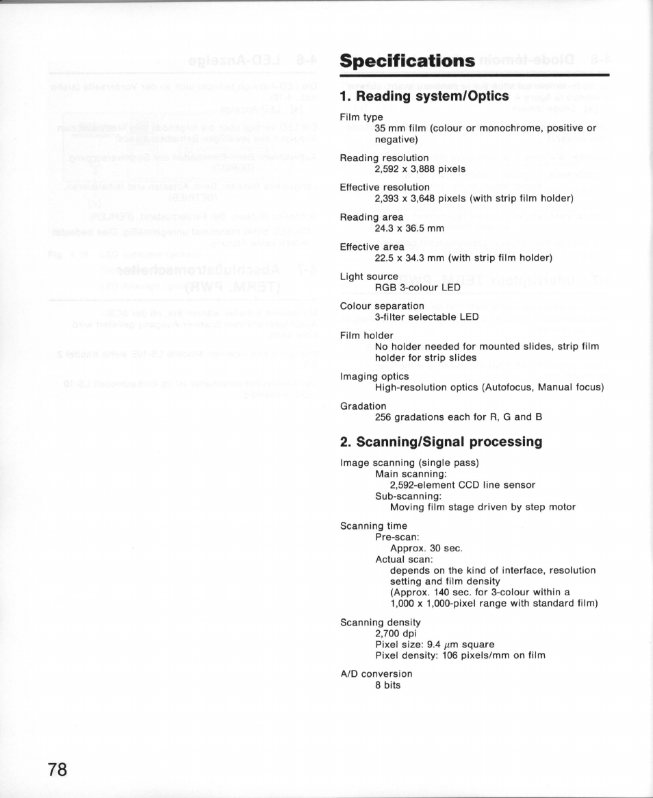 Specifications, Reading system/optics, Scanning/signal processing | Nikon 35MM Film Scanner LS-10E User Manual | Page 78 / 82