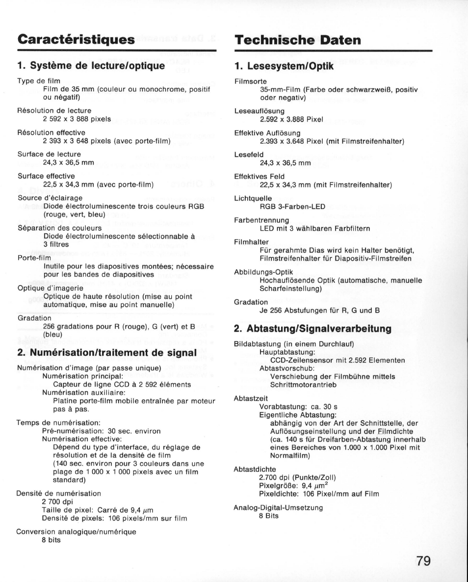 Caractéristiques, Technische daten, Système de lecture/optique | Numérisation/traitement de signal, Lesesystem/optik, Abtastung/signalverarbeitung, Caractéristiques technische daten | Nikon 35MM Film Scanner LS-10E User Manual | Page 79 / 82