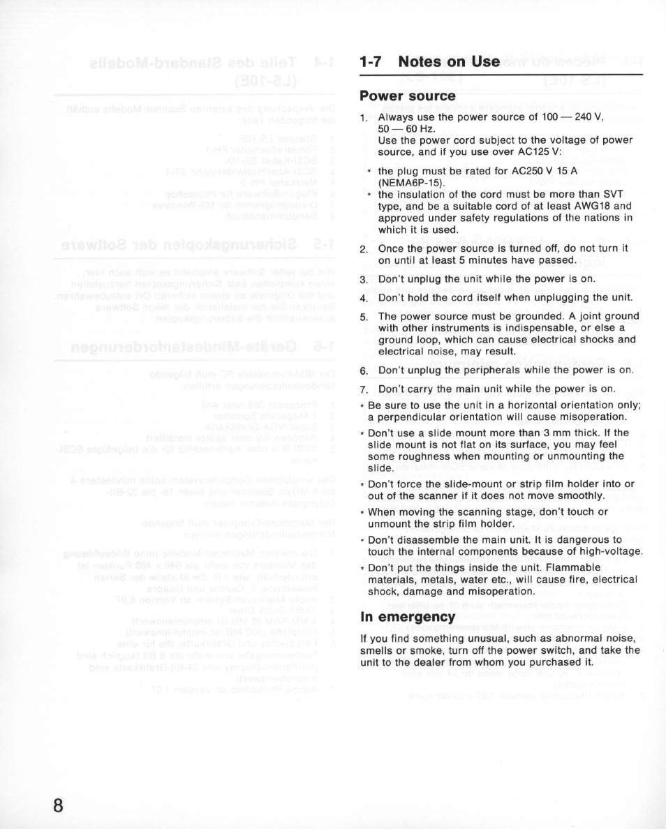 7 notes on use, Power source, In emergency | Notes on use | Nikon 35MM Film Scanner LS-10E User Manual | Page 8 / 82