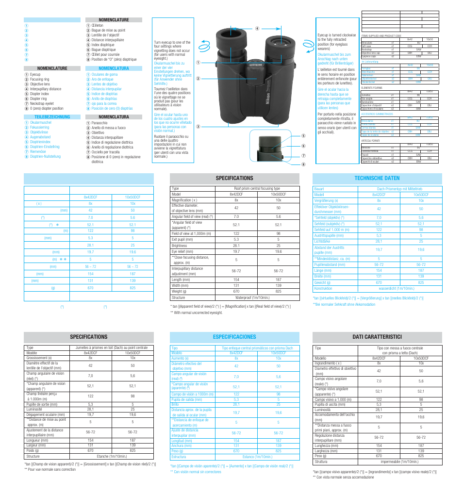 Specifications technische daten, Specifications especificaciones, Dati caratteristici | Nikon Trailblazer 8x42DCF User Manual | Page 2 / 2