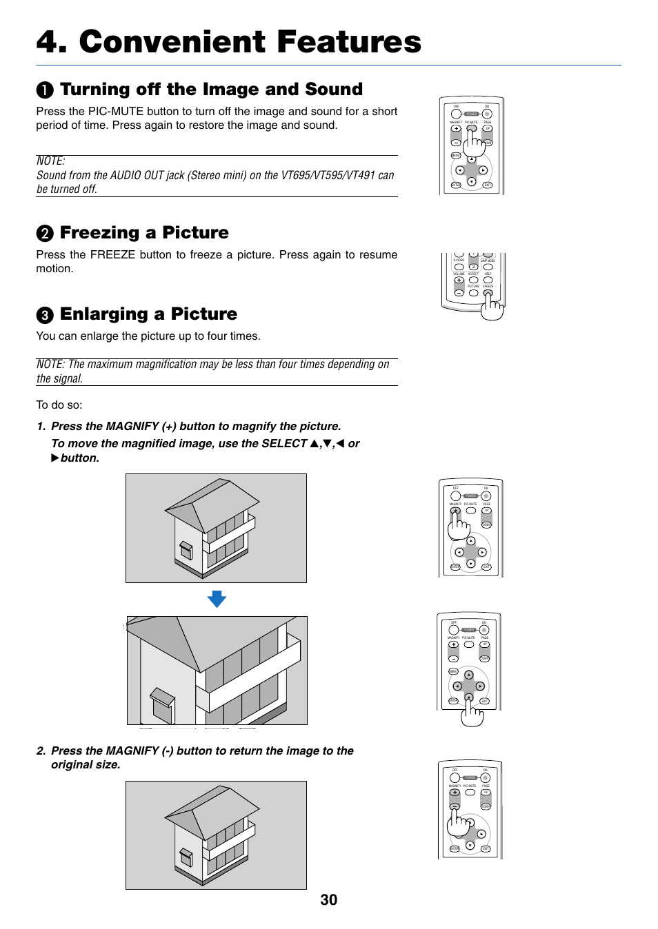 Convenient features, 1) turning off the image and sound, 2) freezing a picture | 3) enlarging a picture, Turning off the image and sound, Freezing a picture, ᕣ enlarging a picture, You can enlarge the picture up to four times | Nikon VT695 User Manual | Page 38 / 79