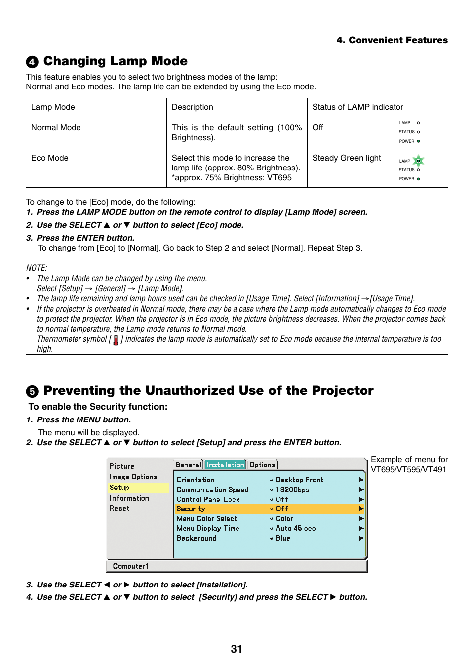 4) changing lamp mode, ᕤ changing lamp mode, ᕥ preventing the unauthorized use of the projector | Nikon VT695 User Manual | Page 39 / 79