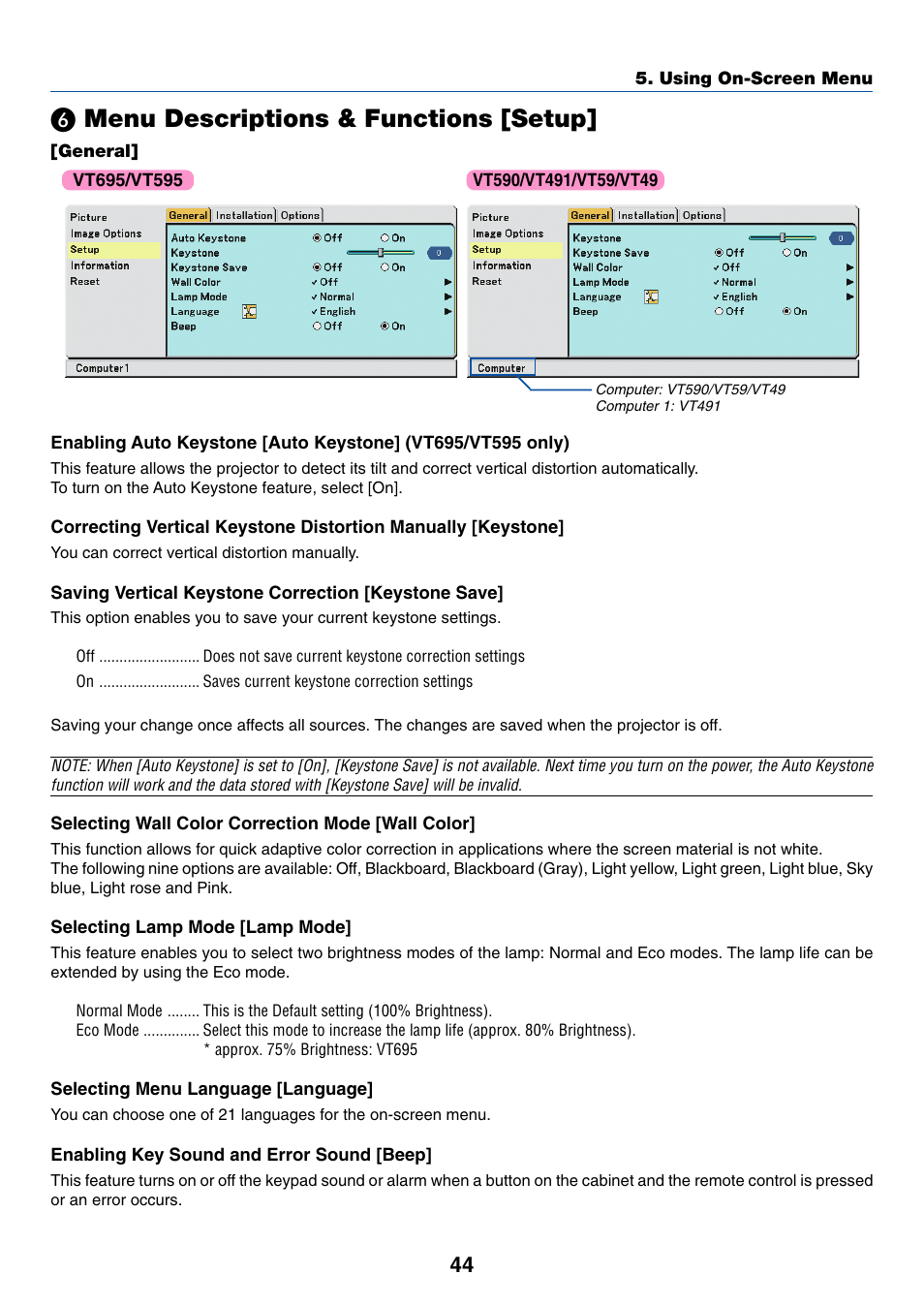 6) menu descriptions & functions [setup, General, Menu descriptions & functions [setup | Nikon VT695 User Manual | Page 52 / 79
