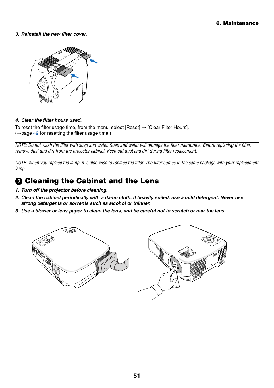 2) cleaning the cabinet and the lens, Cleaning the cabinet and the lens | Nikon VT695 User Manual | Page 59 / 79
