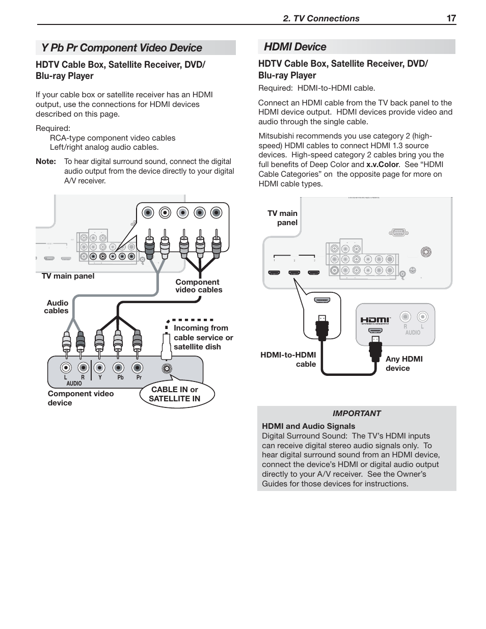 Hd mi device, Y pb pr co mponent video device, Tv connections | Audio r l audio r l, Pb y pr audio l r | Nikon DLP 837 Series User Manual | Page 17 / 86