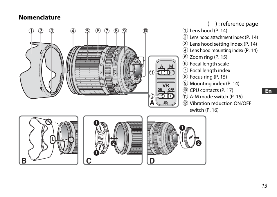 Nomenclature, Cd b | Nikon AF-S DX User Manual | Page 13 / 104