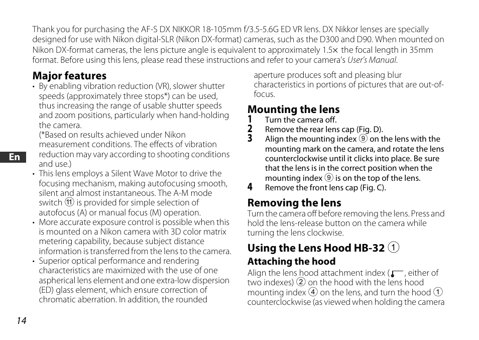 Major features, Mounting the lens, Removing the lens | Using the lens hood hb-32 1, P. 14), X (p. 14 | Nikon AF-S DX User Manual | Page 14 / 104