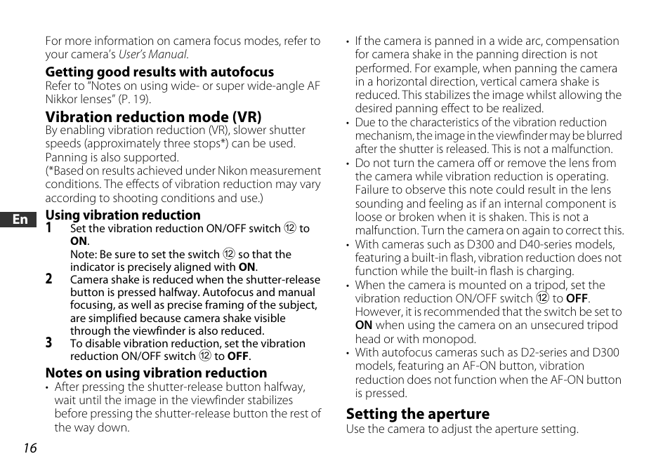 Vibration reduction mode (vr), Setting the aperture, Switch (p. 16) | Nikon AF-S DX User Manual | Page 16 / 104
