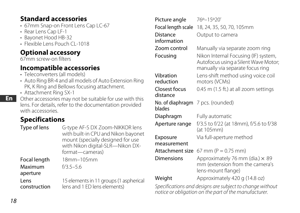 Standard accessories, Optional accessory, Incompatible accessories | Specifications | Nikon AF-S DX User Manual | Page 18 / 104