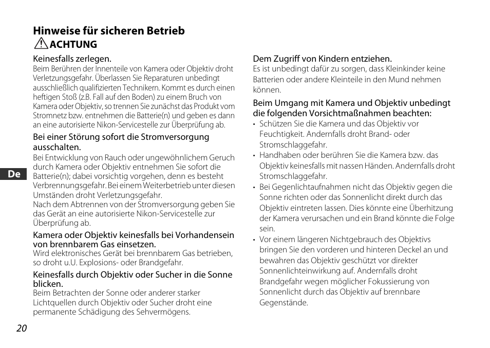 Hinweise für sicheren betrieb | Nikon AF-S DX User Manual | Page 20 / 104
