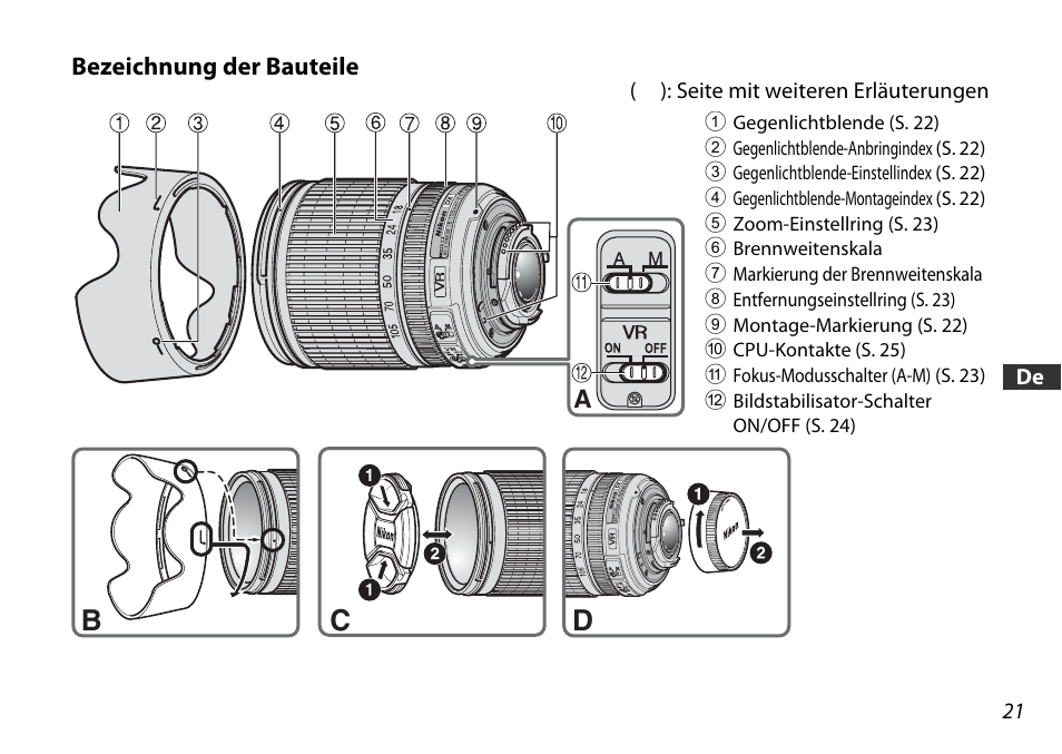 Bezeichnung der bauteile, Cd b | Nikon AF-S DX User Manual | Page 21 / 104