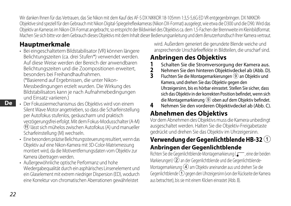 Hauptmerkmale, Anbringen des objektivs, Abnehmen des objektivs | Verwendung der gegenlichtblende hb-32 1, De (s. 22), S. 22), S. 22, Montage-markierung (s. 22 | Nikon AF-S DX User Manual | Page 22 / 104