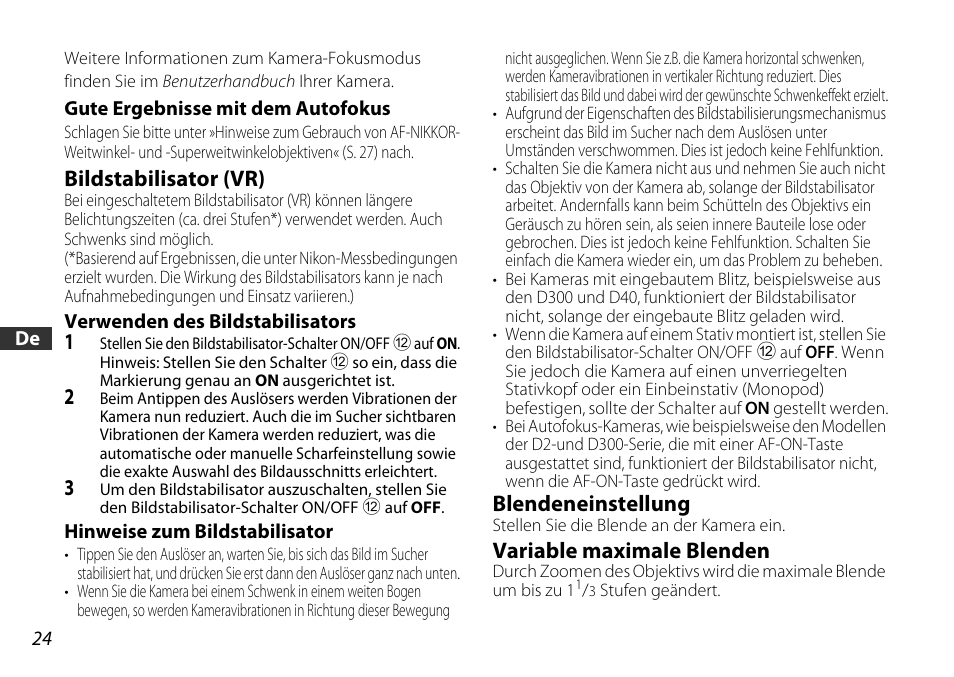 Bildstabilisator (vr), Blendeneinstellung, Variable maximale blenden | Off (s. 24) | Nikon AF-S DX User Manual | Page 24 / 104