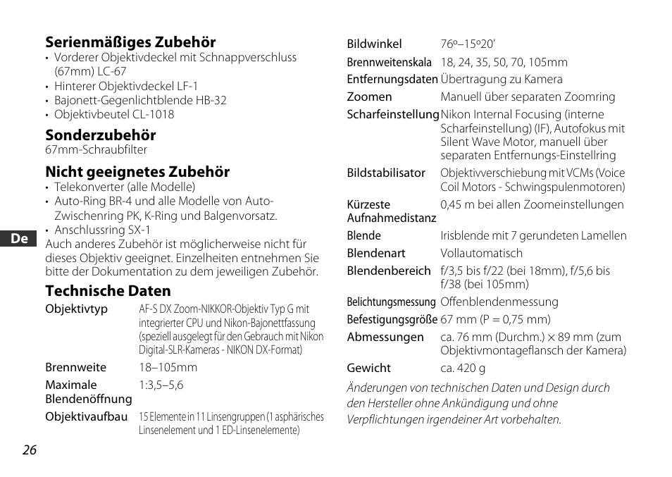 Serienmäßiges zubehör, Sonderzubehör, Nicht geeignetes zubehör | Technische daten | Nikon AF-S DX User Manual | Page 26 / 104