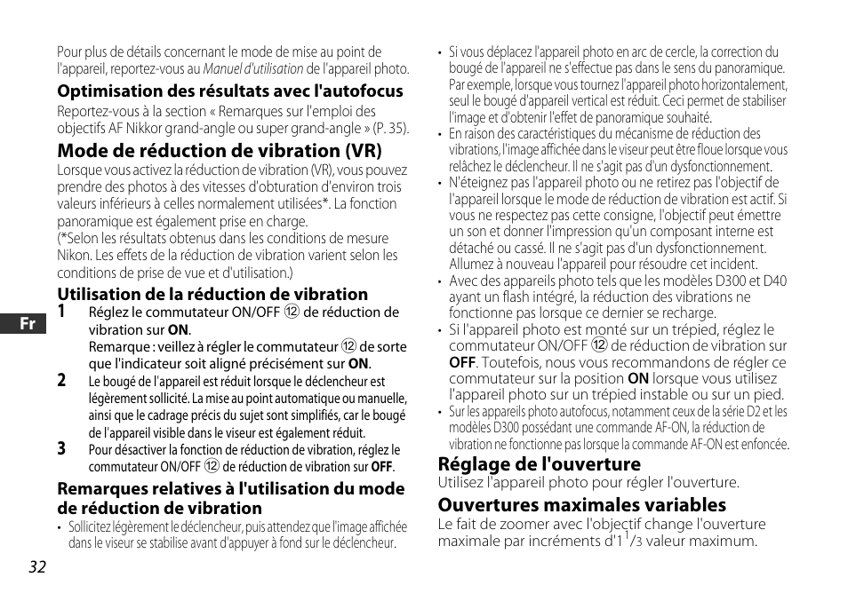 Mode de réduction de vibration (vr), Réglage de l'ouverture, Ouvertures maximales variables | Nikon AF-S DX User Manual | Page 32 / 104