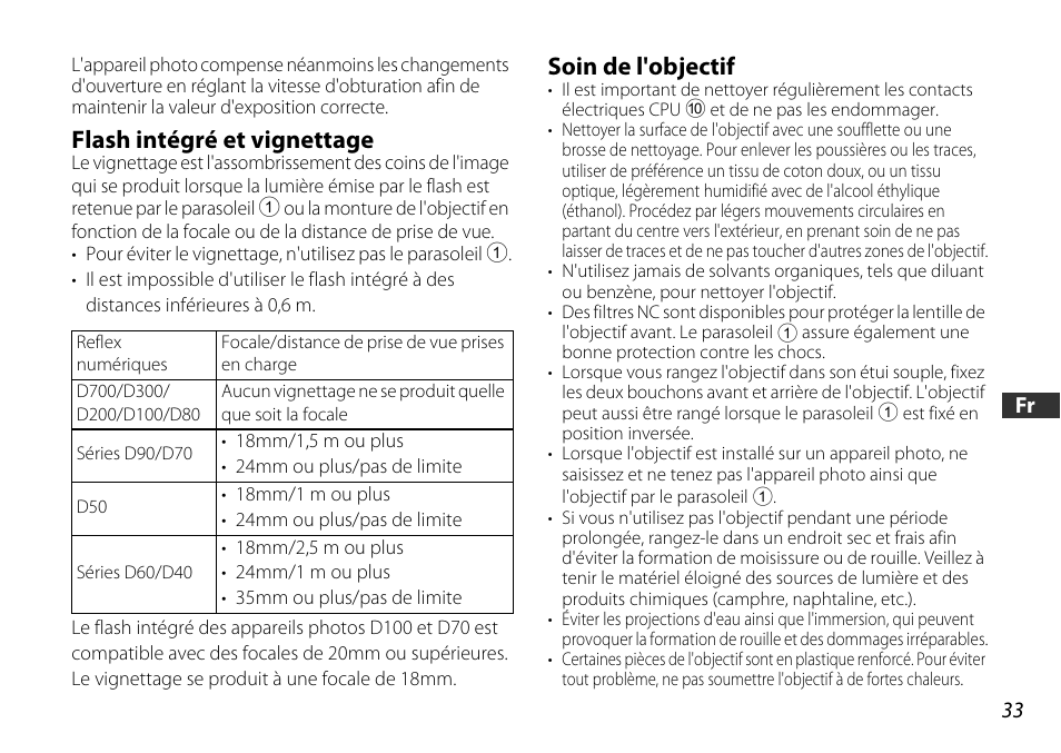 Flash intégré et vignettage, Soin de l'objectif | Nikon AF-S DX User Manual | Page 33 / 104