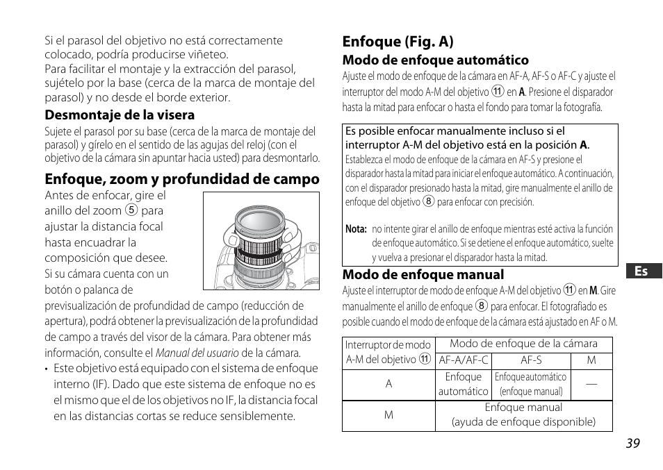 Enfoque, zoom y profundidad de campo, Enfoque (fig. a) | Nikon AF-S DX User Manual | Page 39 / 104