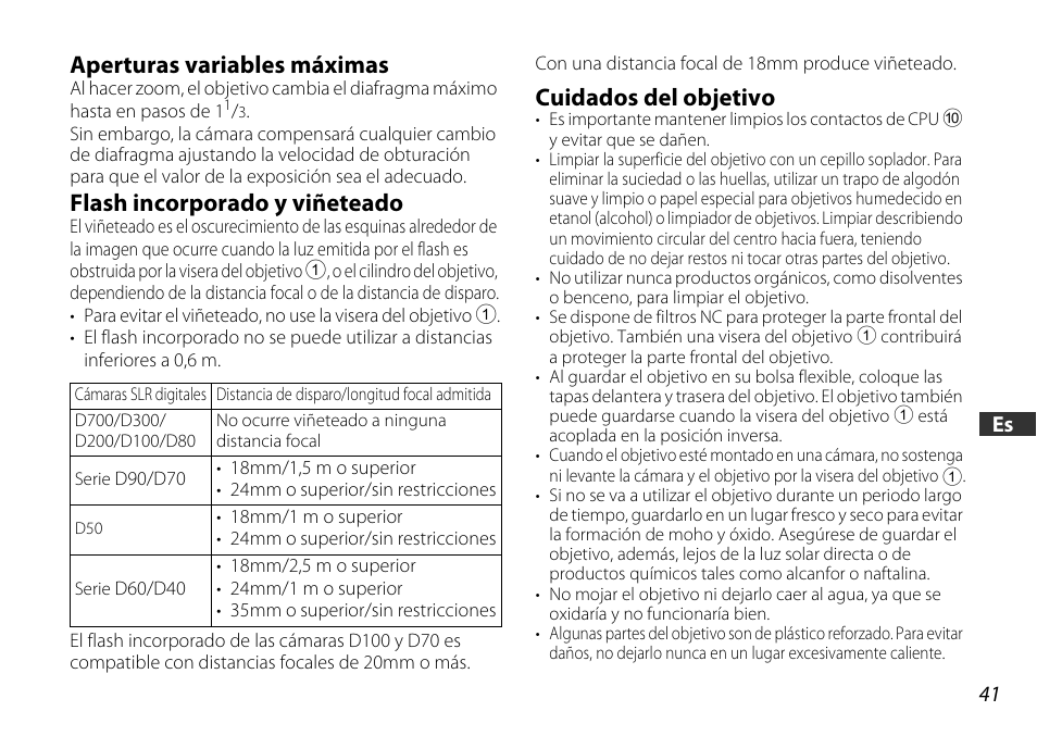 Aperturas variables máximas, Flash incorporado y viñeteado, Cuidados del objetivo | Nikon AF-S DX User Manual | Page 41 / 104