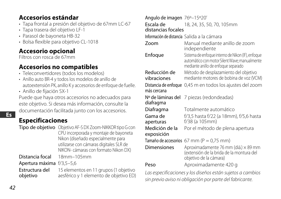 Accesorios estándar, Accesorio opcional, Accesorios no compatibles | Especificaciones | Nikon AF-S DX User Manual | Page 42 / 104