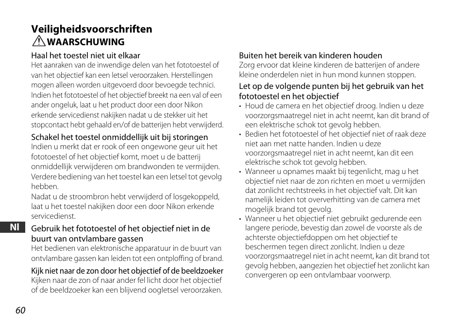 Veiligheidsvoorschriften | Nikon AF-S DX User Manual | Page 60 / 104