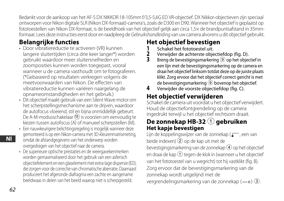 Belangrijke functies, Het objectief bevestigen, Het objectief verwijderen | De zonnekap hb-32 1 gebruiken | Nikon AF-S DX User Manual | Page 62 / 104