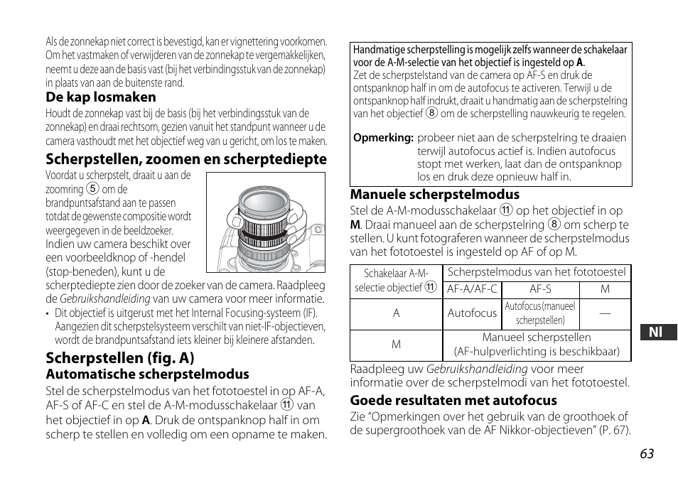 Scherpstellen, zoomen en scherptediepte, Scherpstellen (fig. a) | Nikon AF-S DX User Manual | Page 63 / 104