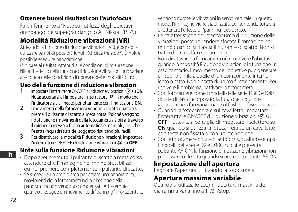 Modalità riduzione vibrazioni (vr), Impostazione dell'apertura, Apertura massima variabile | Nikon AF-S DX User Manual | Page 72 / 104