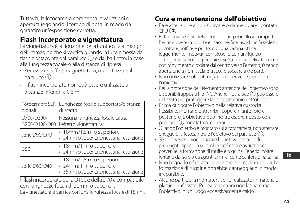 Flash incorporato e vignettatura, Cura e manutenzione dell'obiettivo | Nikon AF-S DX User Manual | Page 73 / 104