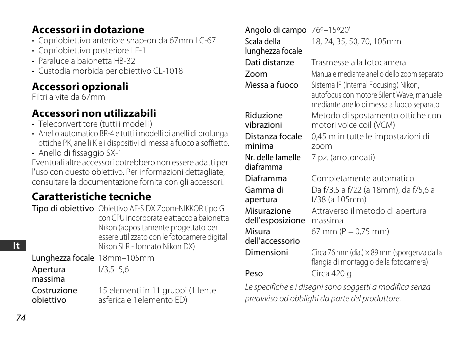 Accessori in dotazione, Accessori opzionali, Accessori non utilizzabili | Caratteristiche tecniche | Nikon AF-S DX User Manual | Page 74 / 104