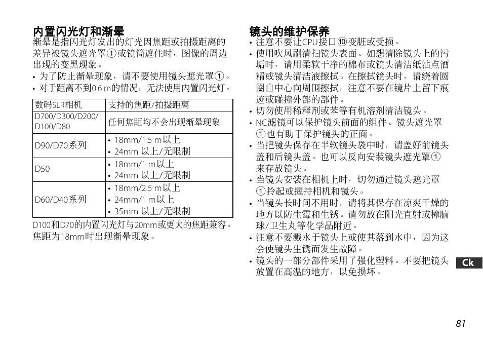 内置闪光灯和渐晕, 镜头的维护保养 | Nikon AF-S DX User Manual | Page 81 / 104