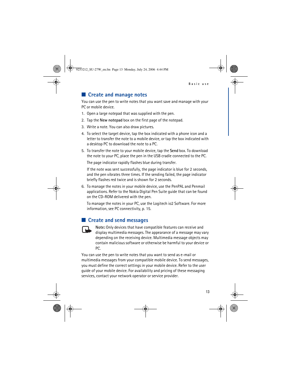 English, Create and send messages | Nikon Nokia Digital Pen SU-27W User Manual | Page 13 / 18
