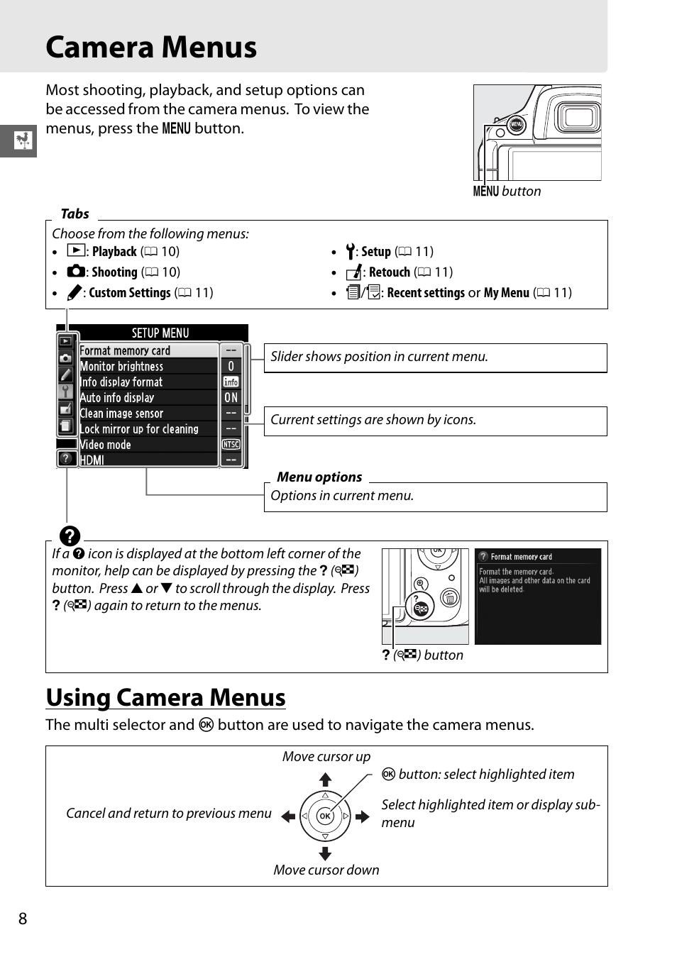 Camera menus, Using camera menus | Nikon D5100 User Manual | Page 16 / 92