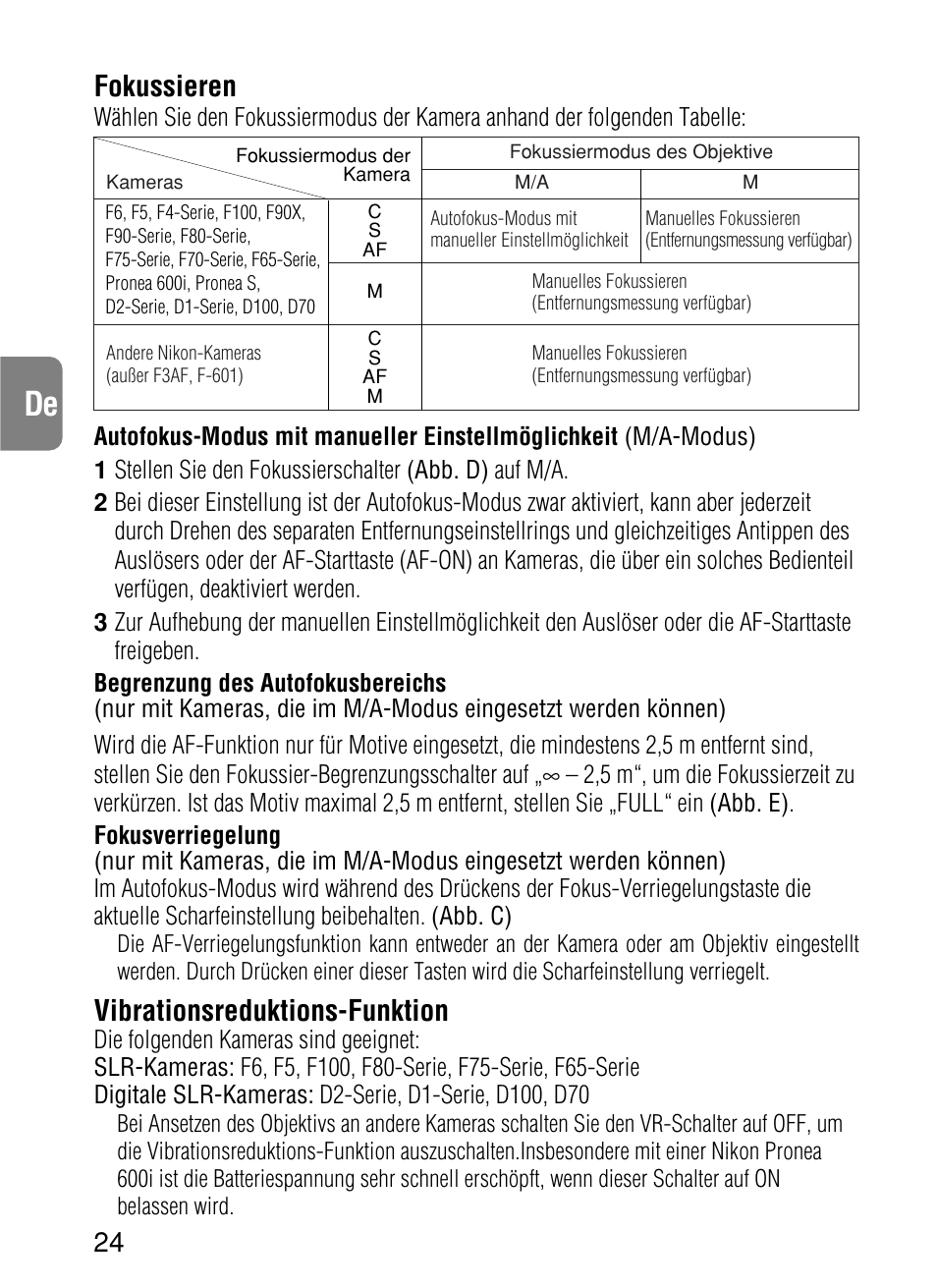 Fokussieren, Vibrationsreduktions-funktion | Nikon AF-S VR User Manual | Page 24 / 71