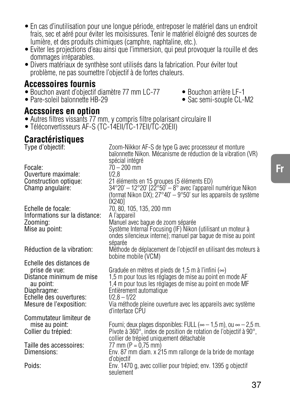 Accessoires fournis, Accssoires en option, Caractéristiques | Nikon AF-S VR User Manual | Page 37 / 71