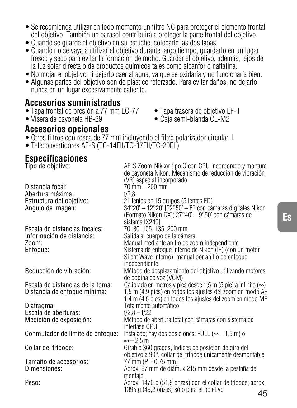 Accesorios suministrados, Accesorios opcionales, Especificaciones | Nikon AF-S VR User Manual | Page 45 / 71