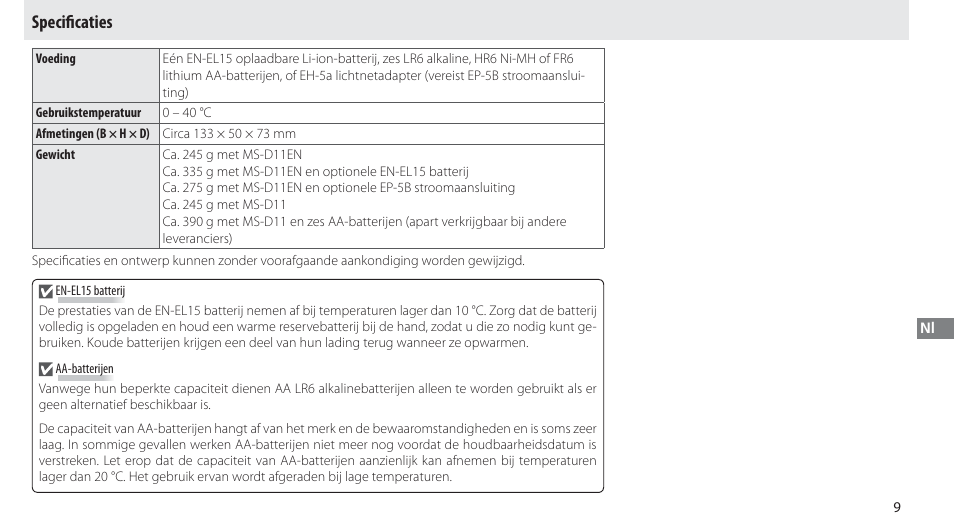 Specificaties, Specifi caties | Nikon Multi-Power Battery Pack G02 User Manual | Page 115 / 332