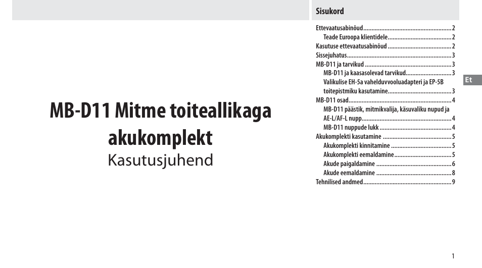 Sisukord, Mb-d11 mitme toiteallikaga akukomplekt, Kasutusjuhend | Nikon Multi-Power Battery Pack G02 User Manual | Page 197 / 332